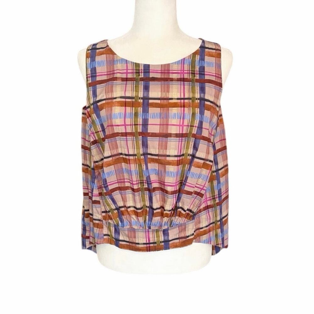 Catherine Andre Plaid Designer Sleeveless Blouse 36 Blue Pink Tan Green
